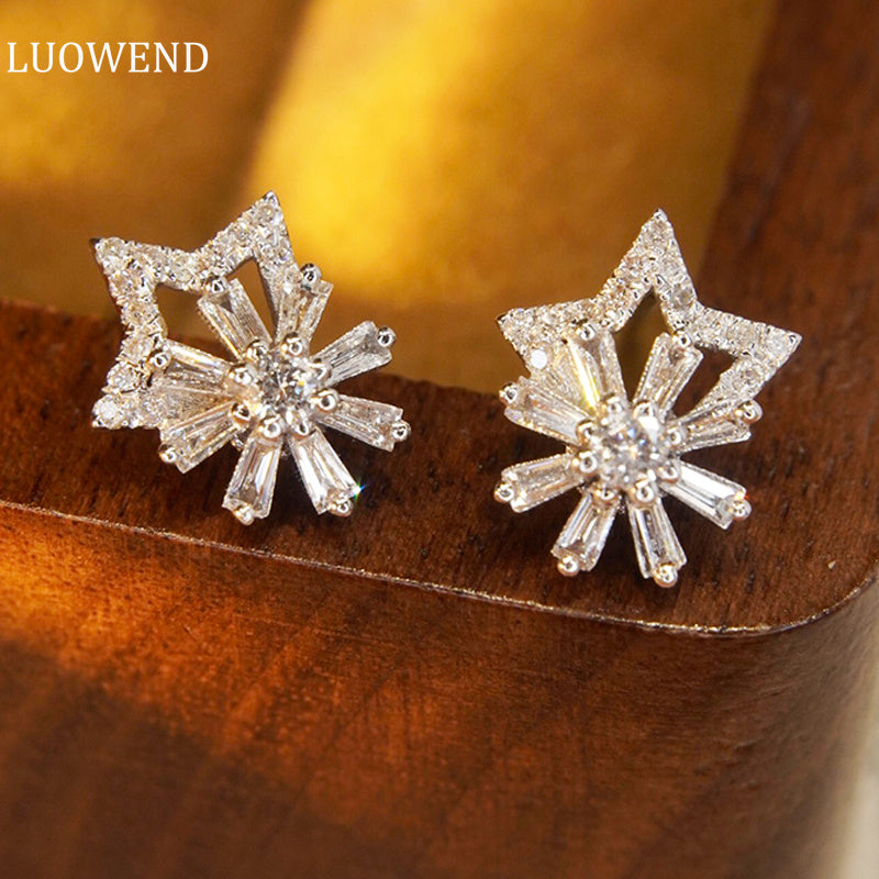 LUOWEND 18K White Gold Real Natural Diamond Stud Earrings for Women