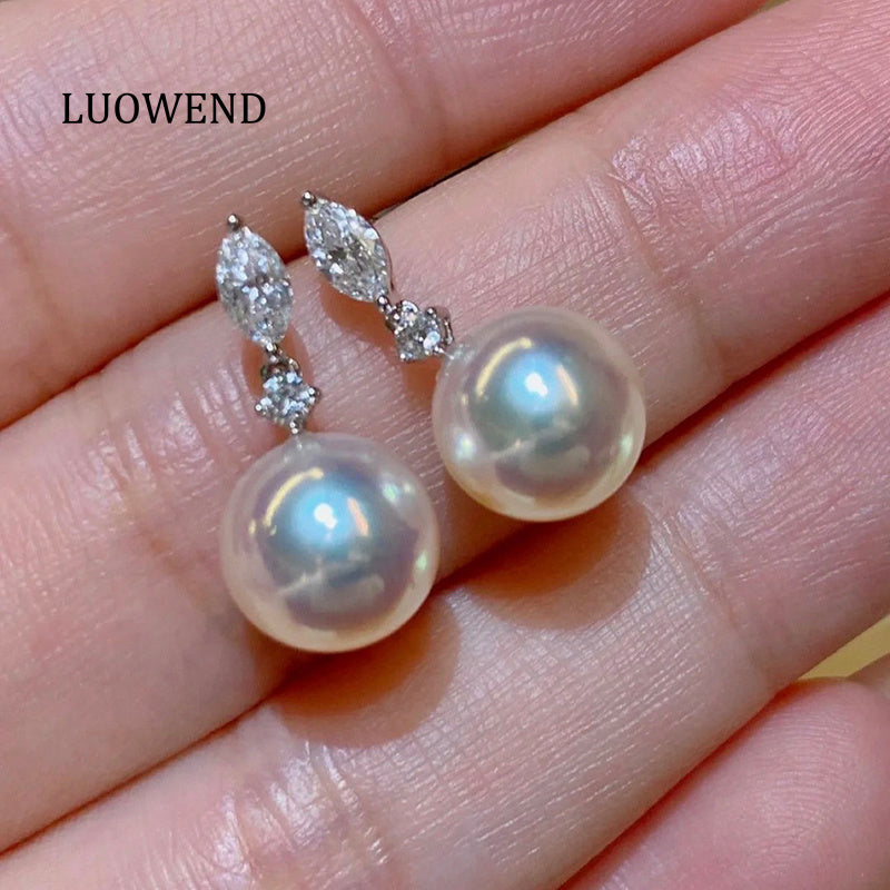 LUOWEND 18K White Gold Real Natural Diamond and Seawater Pearl Earrings for Women
