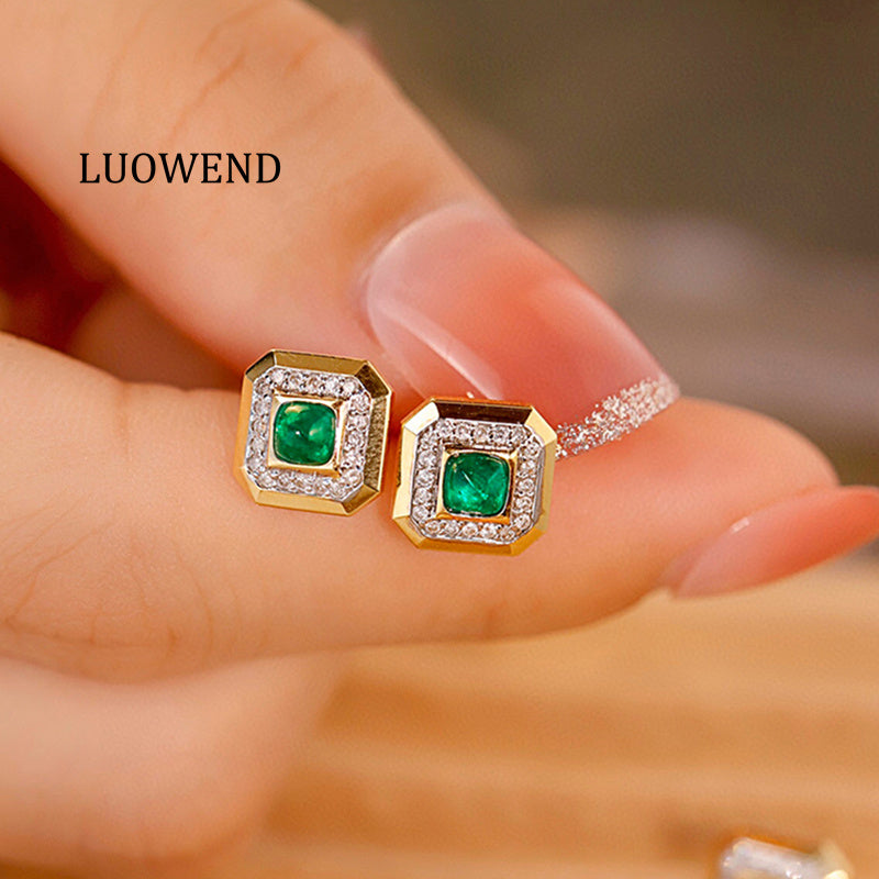 LUOWEND 18K Yellow Gold Real Natural Emerald and Diamond Gemstone Earrings for Women