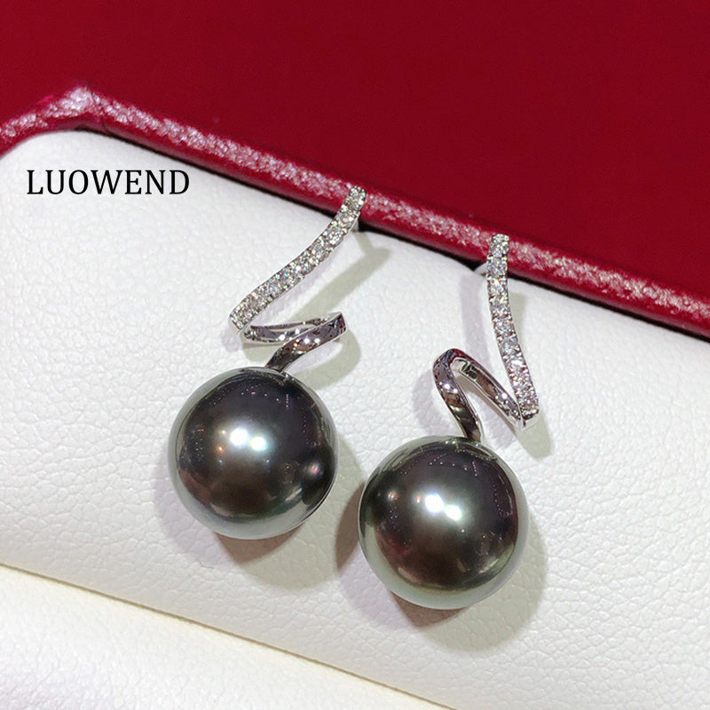 LUOWEND 18K White Gold Natural Tahiti Black Pearl Earrings for Women