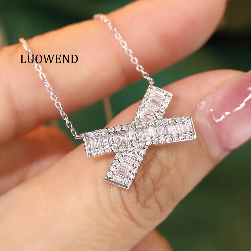 LUOWEND 18K White Gold Natural Diamond Necklace for Women