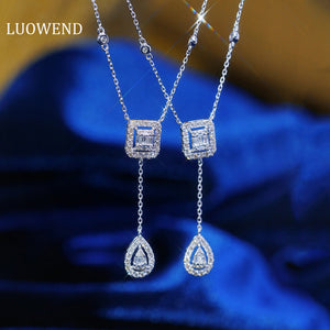 LUOWEND 18K White Gold Real Natural Diamond Pendant Necklace for Women