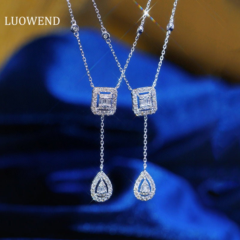 LUOWEND 18K White Gold Real Natural Diamond Pendant Necklace for Women