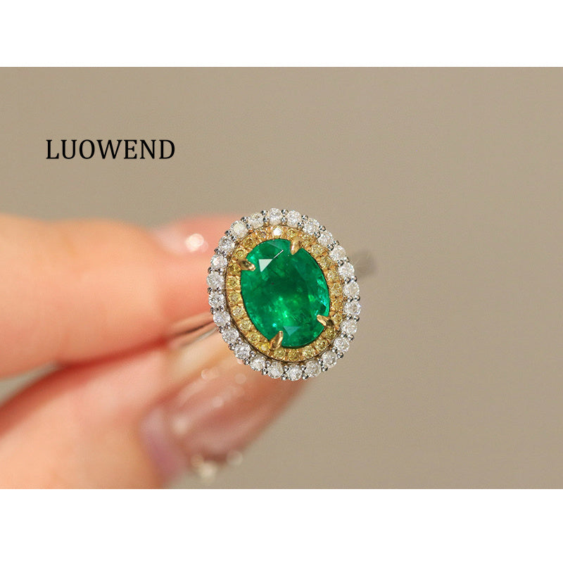 LUOWEND 18K White Gold Natural Emerald Ring for Women
