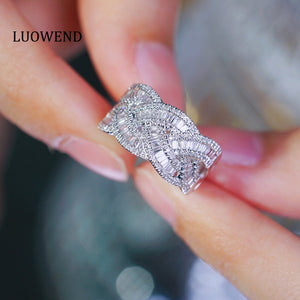 LUOWEND 18K White Gold Real Natural Diamond Ring for Women