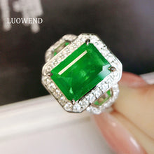 Load image into Gallery viewer, LUOWEND 18K White Gold Real Natural Emerald Ring for Women
