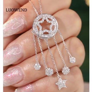LUOWEND 18K White Gold Natural Diamond Necklace for Women