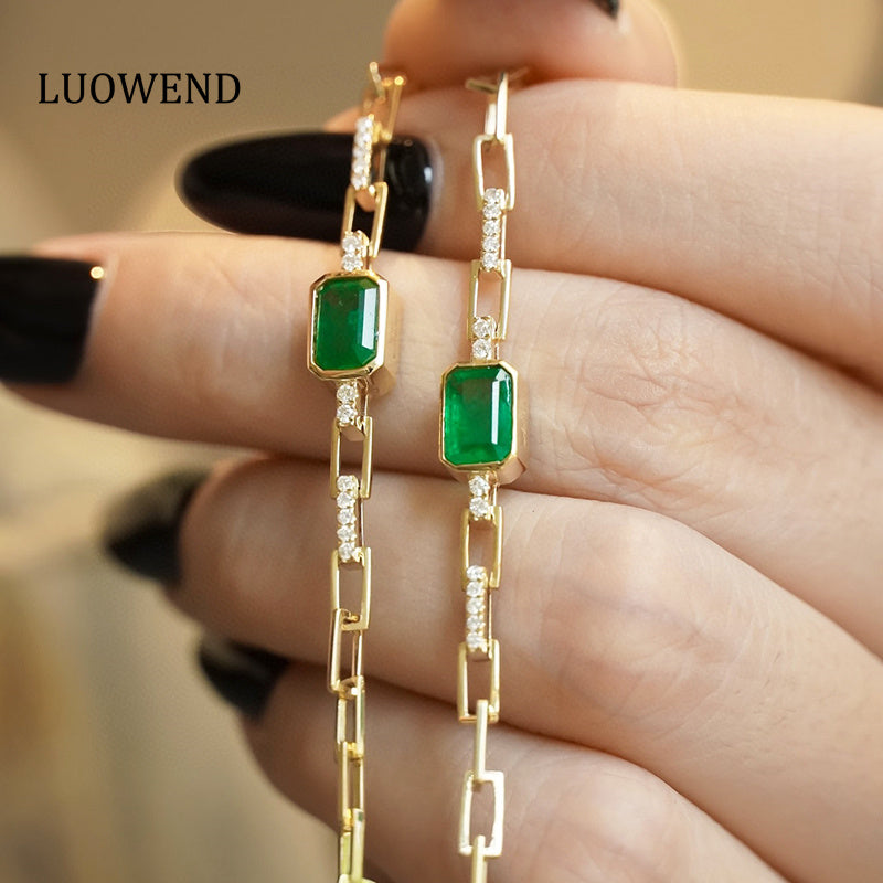 LUOWEND 18K Yellow Gold Emerald Bracelet for Women