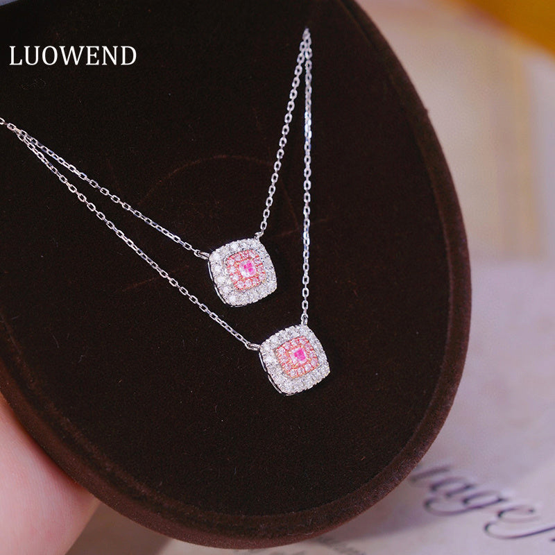 LUOWEND 18K White Gold Real Natural Pink Diamond Pendant Necklace for Women