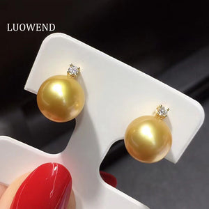 LUOWEND 18K Yellow Gold Real Natural Gold Pearl Earrings for Women