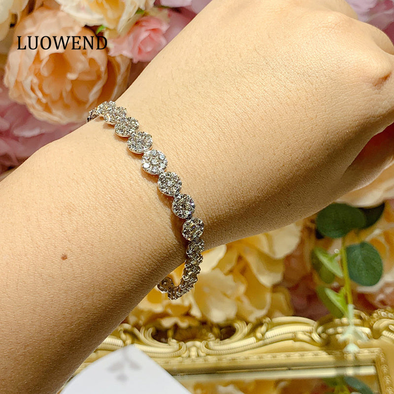 LUOWEND 18K White Gold Real Natural Diamond Bracelet for Women