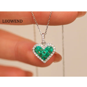LUOWEND 18K White Gold Natural Emerald Necklace for Women
