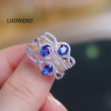 Load image into Gallery viewer, LUOWEND 18K White Gold Real Natural Diamond and Sapphire Ring for Women
