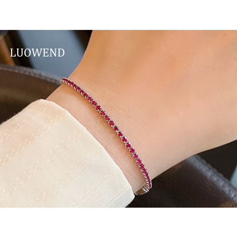 LUOWEND 18K White Gold Natural Ruby Bracelet for Women