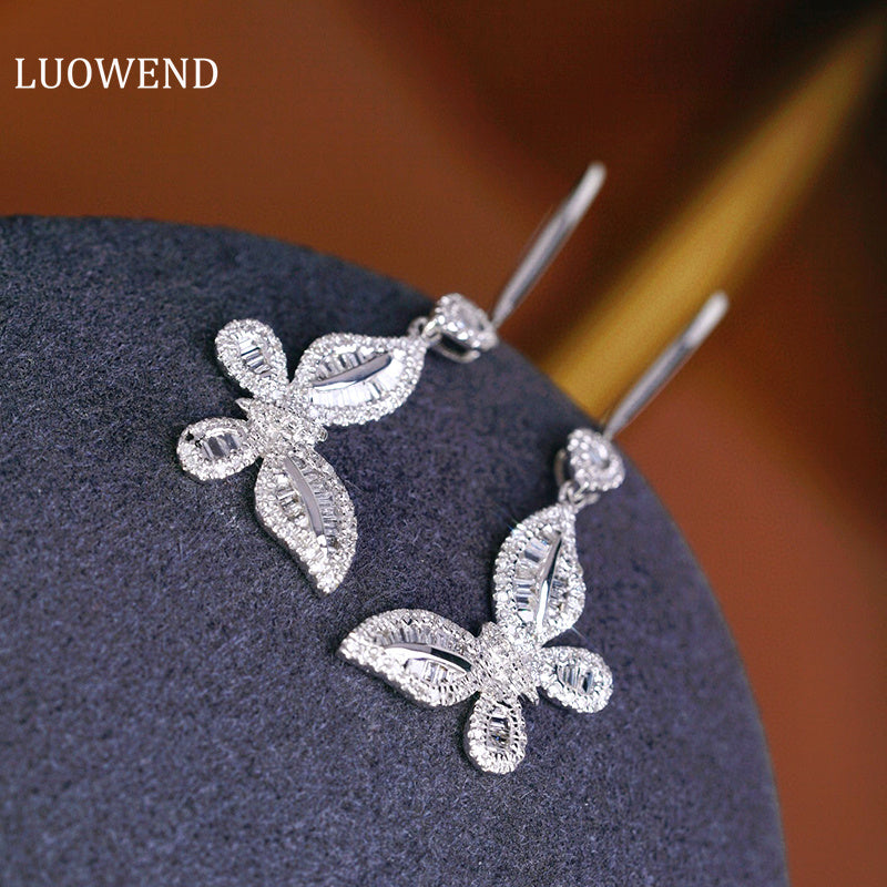 LUOWEND 18K White Gold Real Natural Diamond Drop Earrings for Women