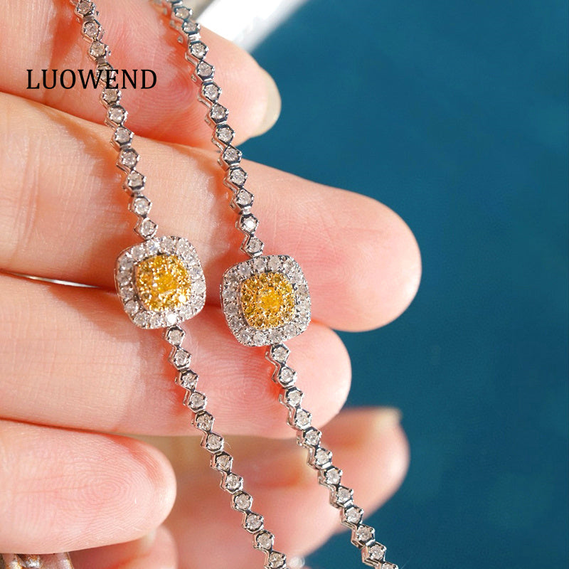 LUOWEND 18K White Gold Natural Yellow Diamond Bracelet for Women