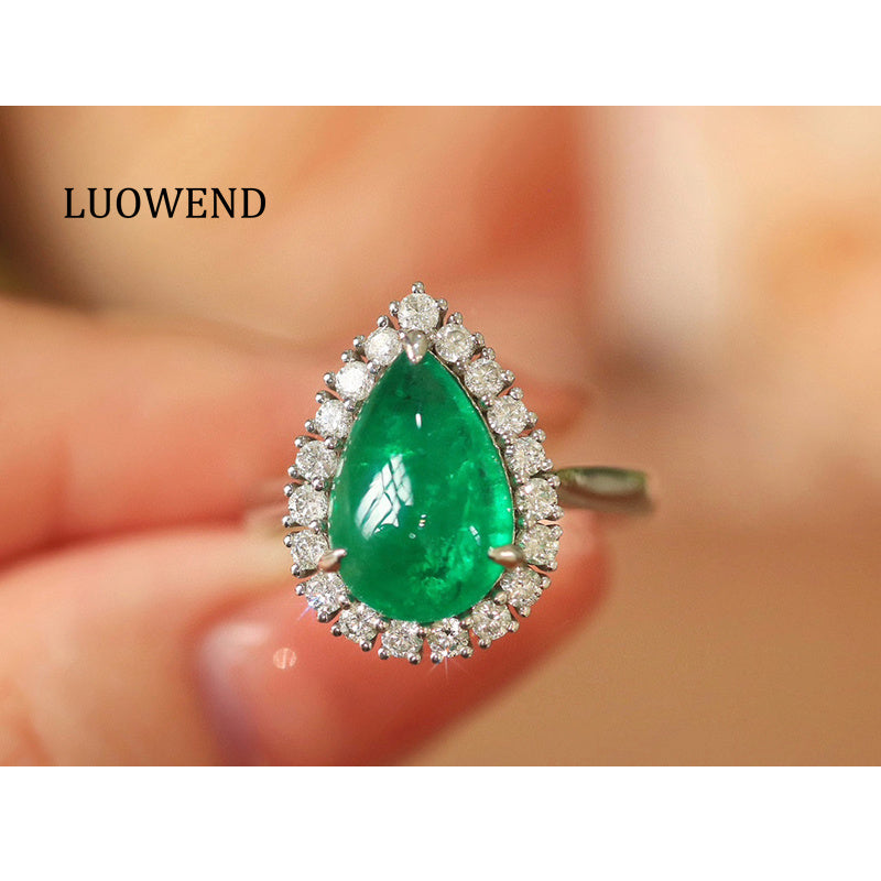 LUOWEND 18K White Gold Natural Emerald Ring for Women