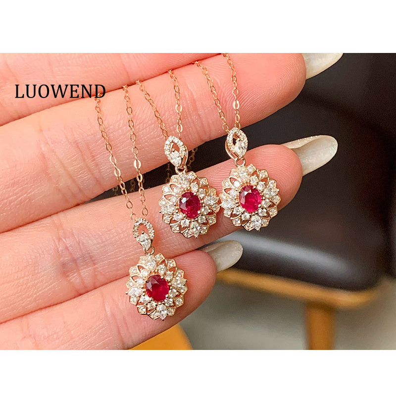 LUOWEND 18K Rose Gold Natural Ruby Necklace for Women