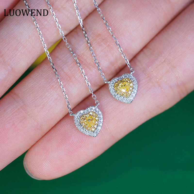 LUOWEND 18K White Gold Real Natural Yellow Diamond Pendant Necklace for Women