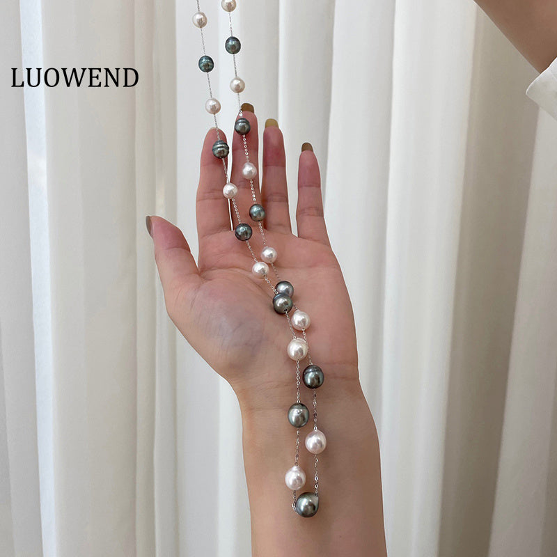 LUOWEND 18K White Gold Real Natural Pearl Necklace for Women