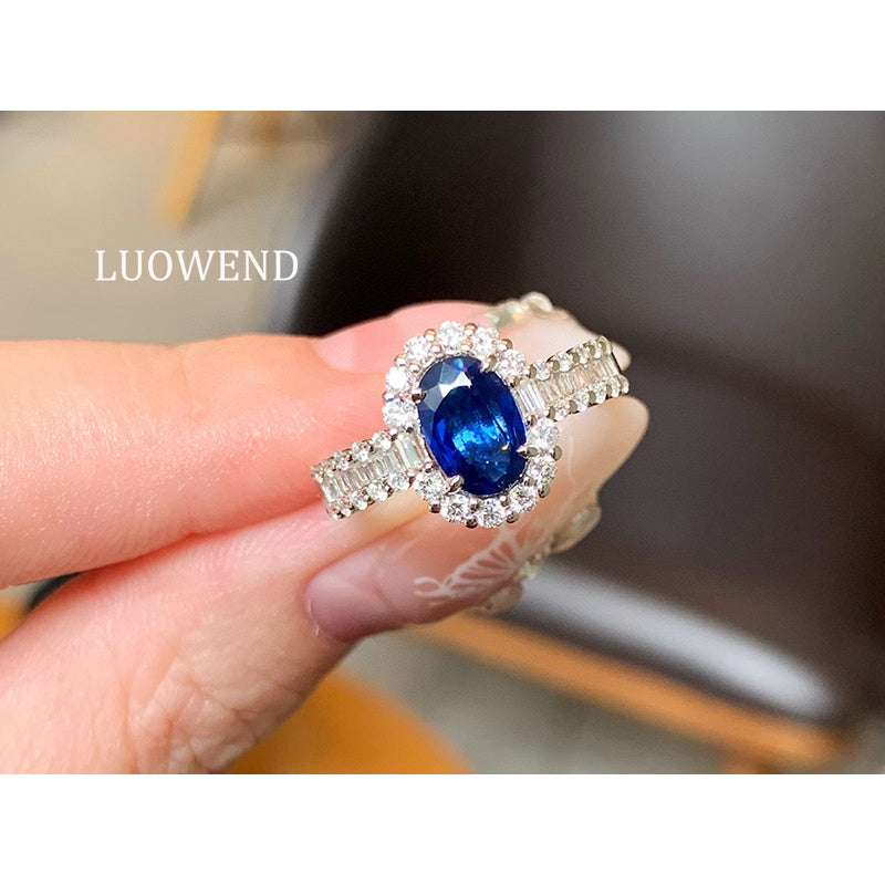 LUOWEND 18k White Gold Natural Sapphire Ring for Women