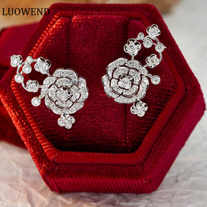 LUOWEND 18K White Gold Real Natural Diamond Stud Earrings for Women