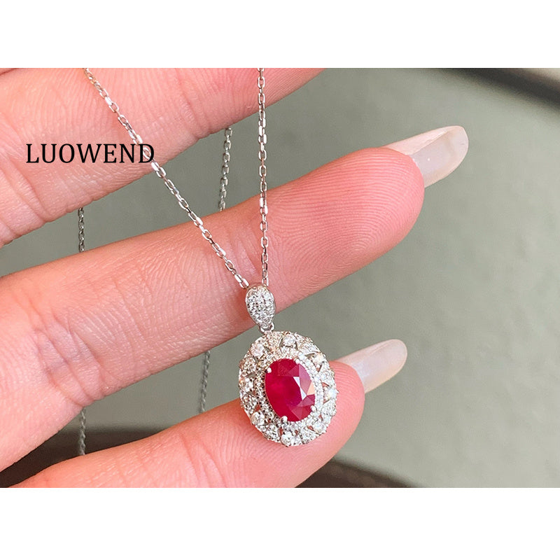 LUOWEND 18K White Gold Natural Ruby Necklace for Women