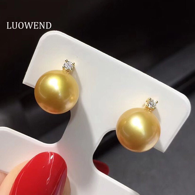 LUOWEND 18K Yellow Gold Real Natural Gold Pearl Earrings for Women