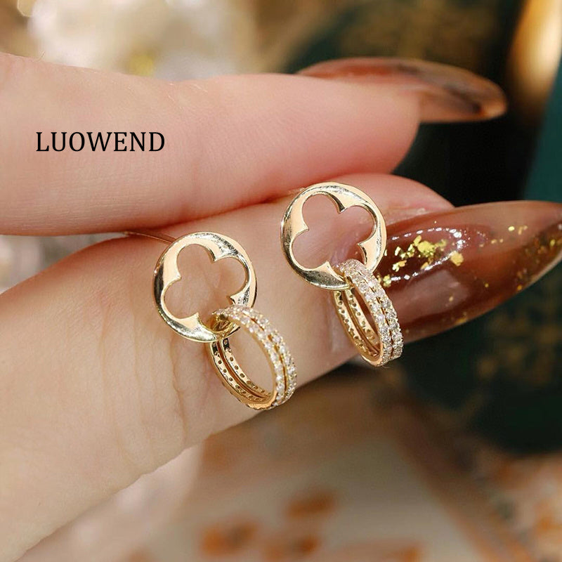 LUOWEND 18K Yellow Gold Natural Diamond Earrings for Women
