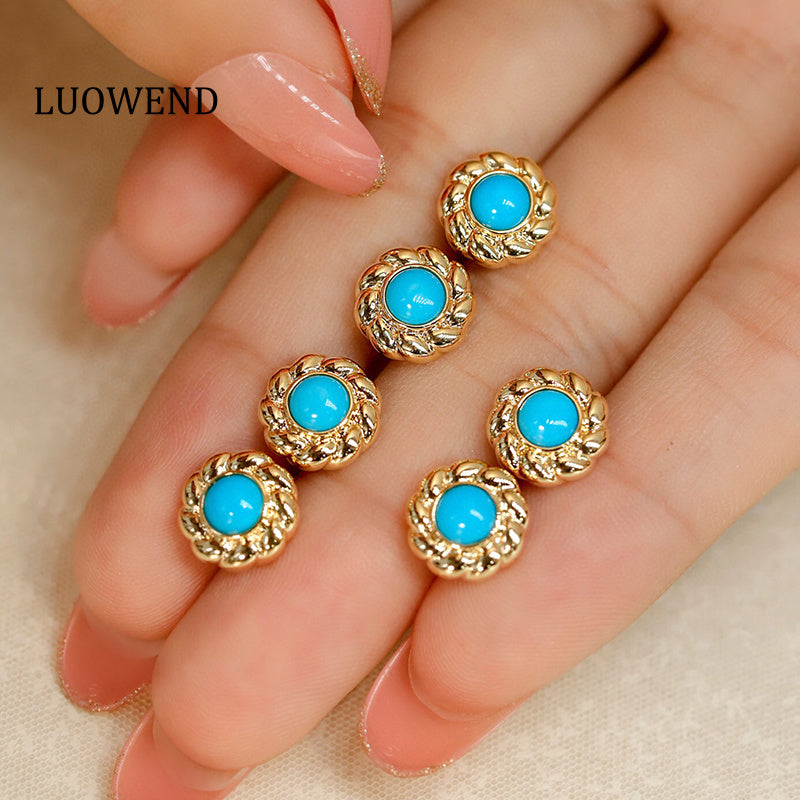 LUOWEND 18K Yellow Gold Real Natural Turquoise Earrings for Women