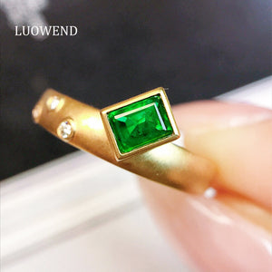 LUOWEND 18K Yellow Gold Real Natural Emerald Ring for Women