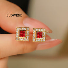 Load image into Gallery viewer, LUOWEND 18K Yellow Gold Real Natural Ruby and Diamond Gemstone Earrings for Women
