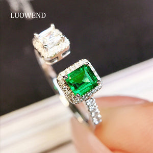 LUOWEND 18K White Gold Real Natural Emerald Ring for Women