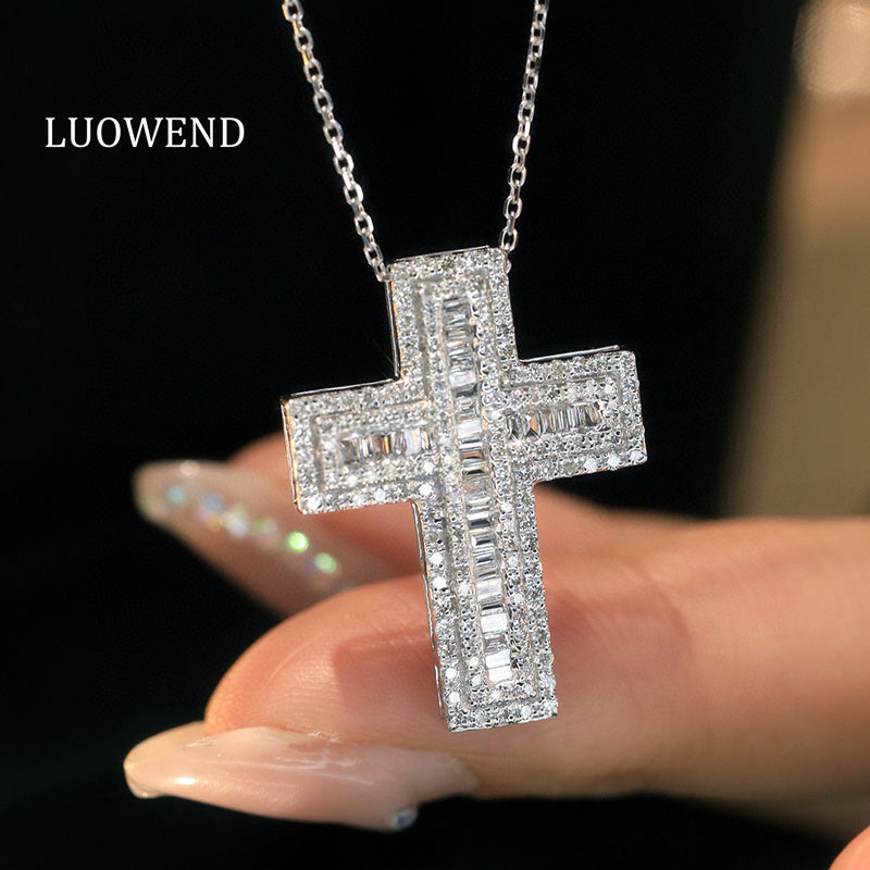 LUOWEND 18K White Gold Natural Diamond Necklace for Women