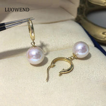 Load image into Gallery viewer, LUOWEND 18K Yellow Gold Real Natural Akoya Pearl Earrings for Women
