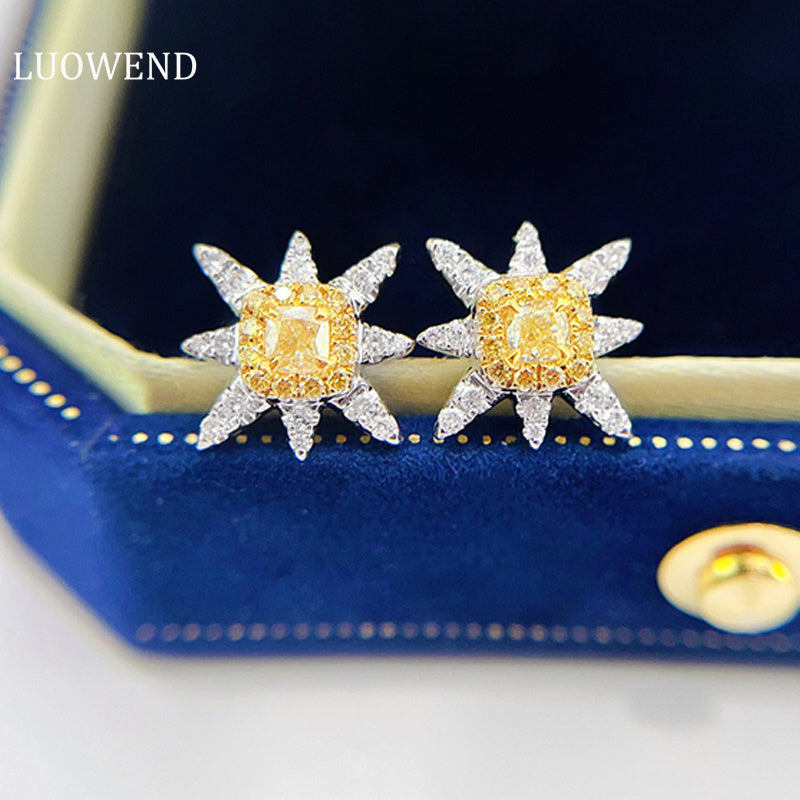 LUOWEND 18K White Gold Real Natural Yellow Diamond Stud Earrings for Women
