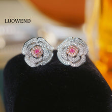 Load image into Gallery viewer, LUOWEND 18K White Gold Natural Pink Diamond Earrings for Women
