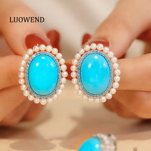 Load image into Gallery viewer, LUOWEND 18K White Gold Real Natural Turquoise Earrings for Women
