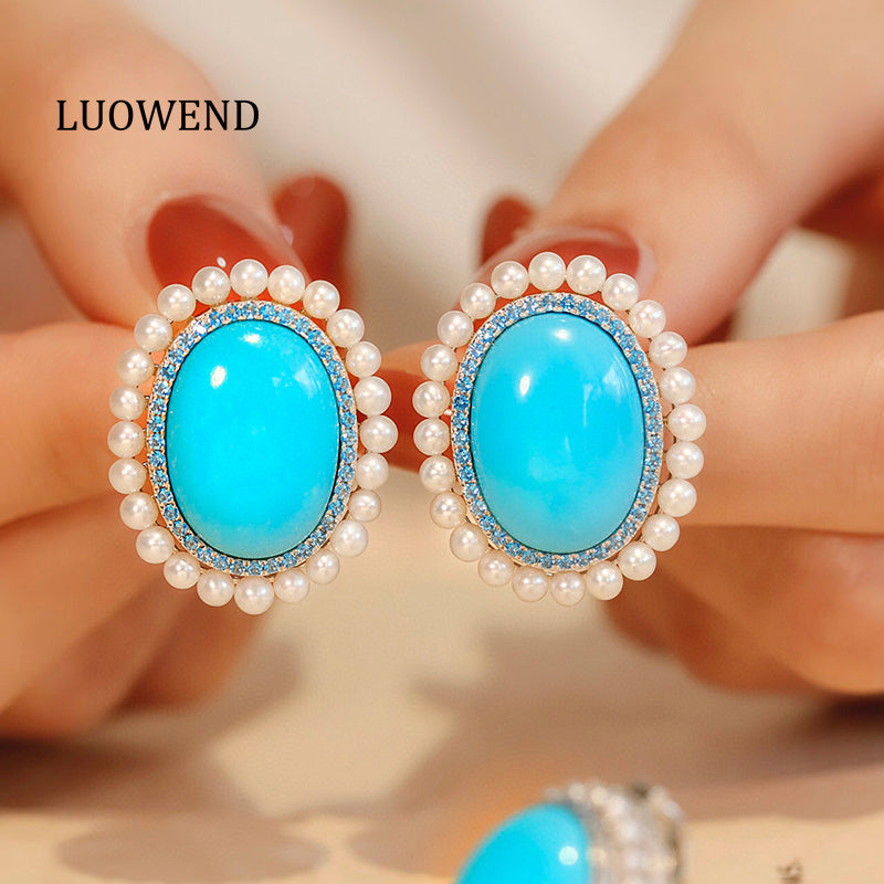 LUOWEND 18K White Gold Real Natural Turquoise Earrings for Women