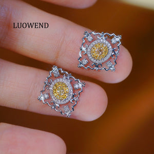 LUOWEND 18K White Gold Real Natural Yellow Diamond Earrings for Women