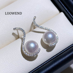 LUOWEND 18K White Gold Real Natural Diamond and Akoya Pearl Earrings for Women
