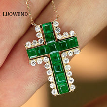 Load image into Gallery viewer, LUOWEND 18K Yellow Gold Natural Emerald Cross Pendant Necklace for Women
