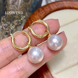 LUOWEND 18K Yellow Gold Real Natural Freshwater Pearl Earrings for Women
