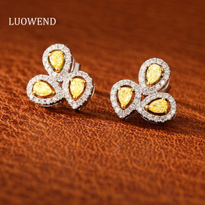 LUOWEND 18K White Gold Real Natural Yellow Diamond Stud Earrings for Women