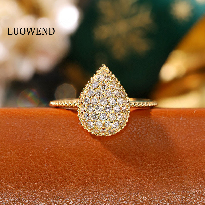 LUOWEND 18K Yellow Gold Natural Diamond Ring for Women