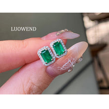 Load image into Gallery viewer, LUOWEND 18K White Gold Natural Emerald Earrings for Women
