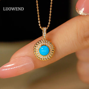 LUOWEND 18K Yellow Gold Real Natural Turquoise Necklace for Women