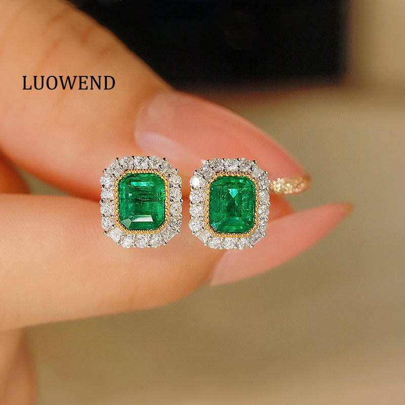 LUOWEND 18K White and Yellow Gold Real Natural Emerald and Diamond Gemstone Ring for Women