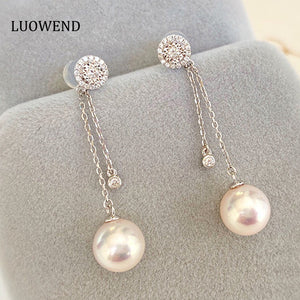 LUOWEND 18K White Gold Real Natural Diamond and Akoya Pearl Earrings for Women