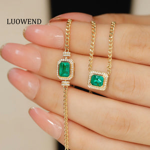 LUOWEND 18K Yellow Gold Real Natural Emerald Bracelet and Necklace for Women
